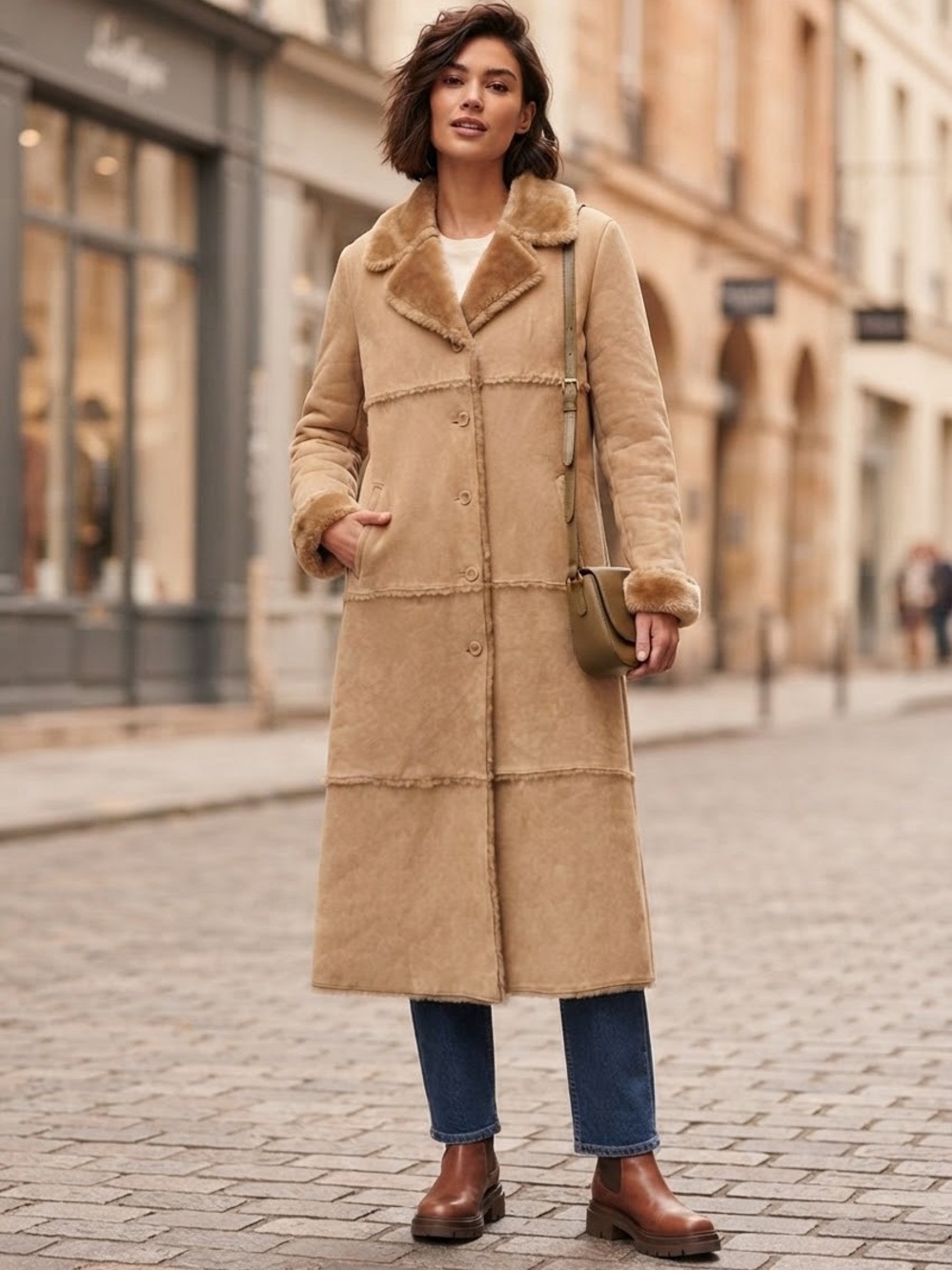 Vintage Women’s XL Genuine Suede Long Brown Tan Sherpa Coat 90s Y2K Soft Fur